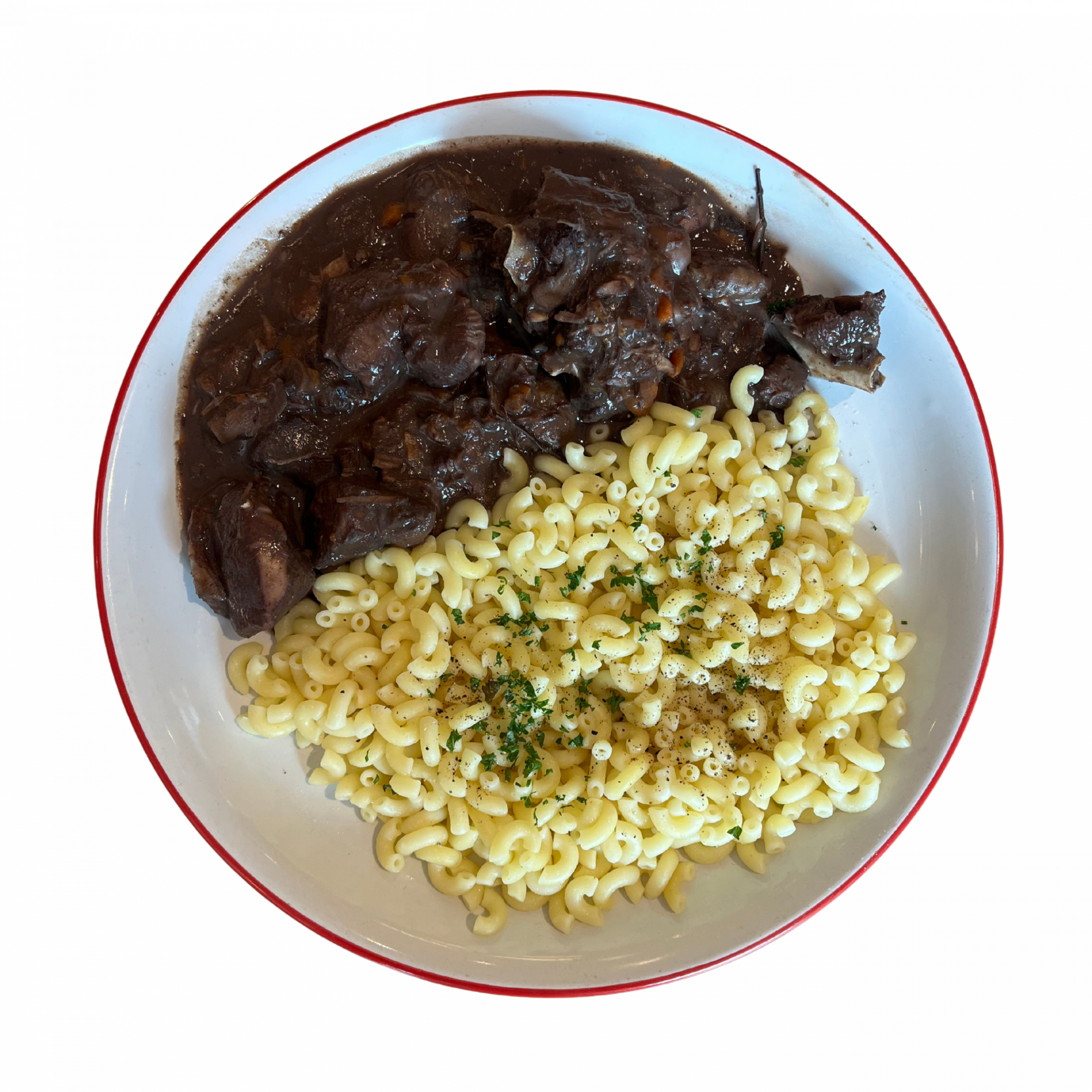 Coq au vin maison accompagné de coquillettes – spécialité traditionnelle du Bouillon Colette à Villefontaine